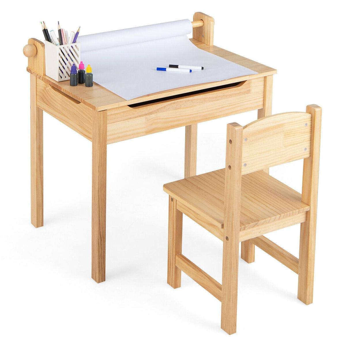Table et chaise d'activités multifonctionnelles pour tout-petits avec support de rouleau de papier - Naturel