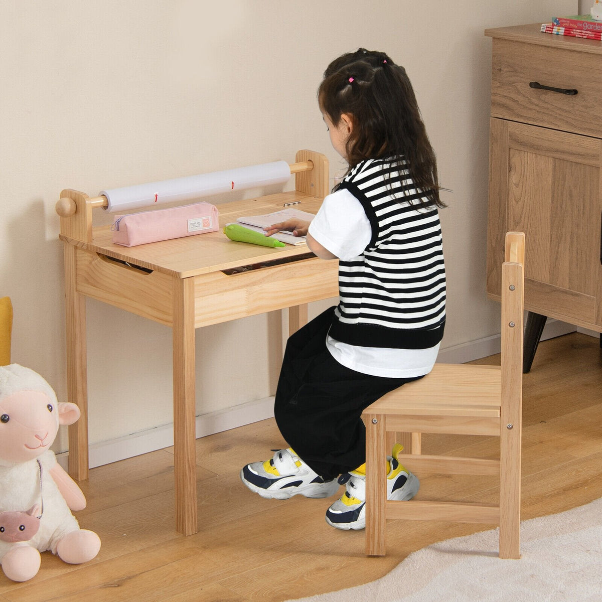 Table et chaise d'activités multifonctionnelles pour tout-petits avec support de rouleau de papier - Naturel