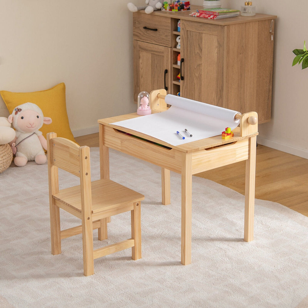 Table et chaise d'activités multifonctionnelles pour tout-petits avec support de rouleau de papier - Naturel