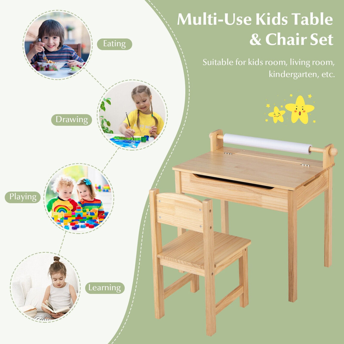 Table et chaise d'activités multifonctionnelles pour tout-petits avec support de rouleau de papier - Naturel