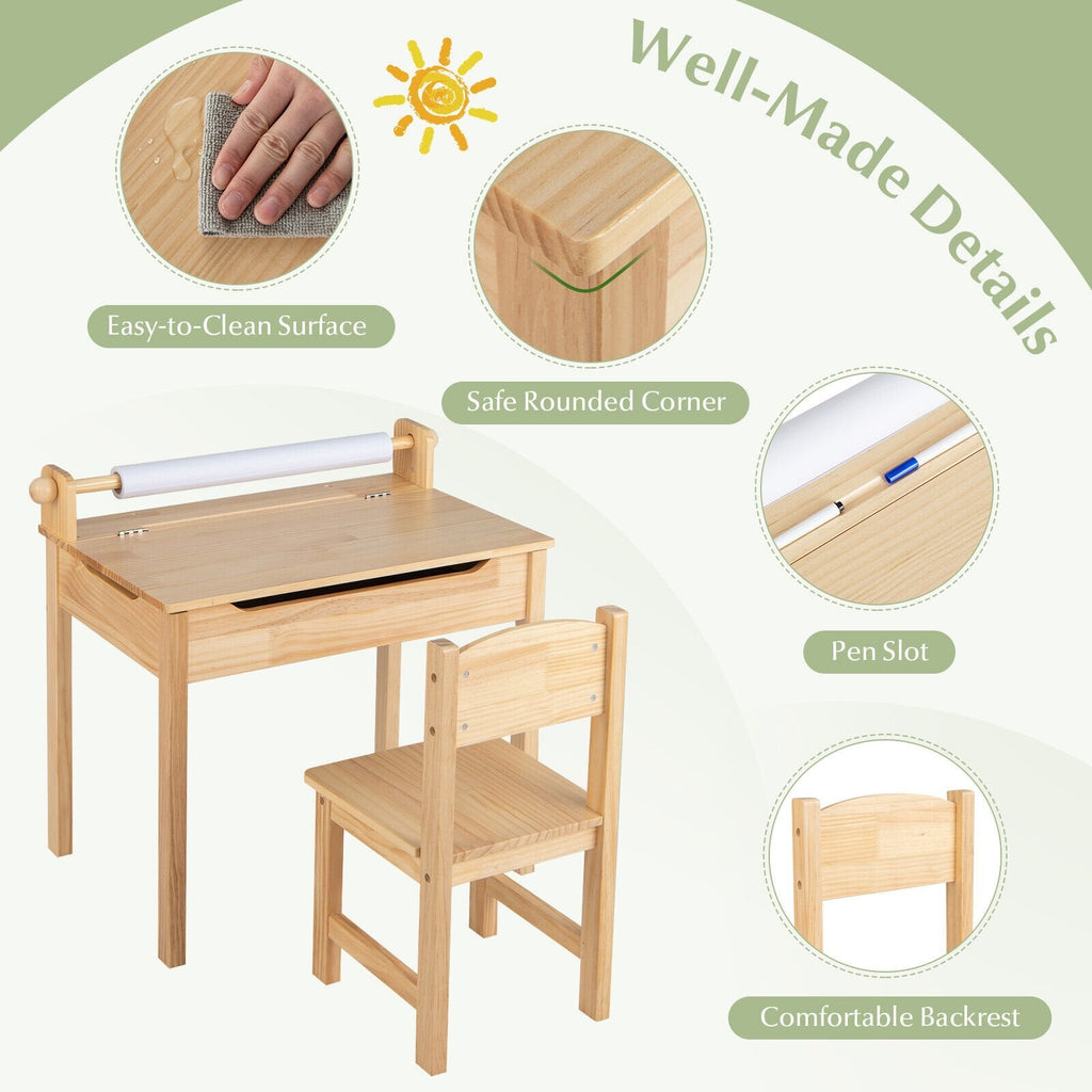 Table et chaise d'activités multifonctionnelles pour tout-petits avec support de rouleau de papier - Naturel