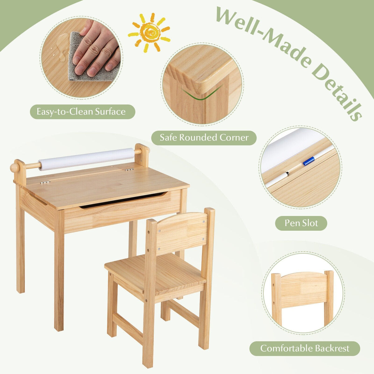 Table et chaise d'activités multifonctionnelles pour tout-petits avec support de rouleau de papier - Naturel