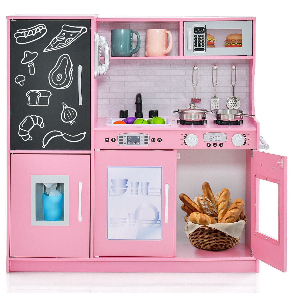 Pink Toddler Play Kitchen with Blackboard, Dishwasher, Ice Maker and Wall Fixing