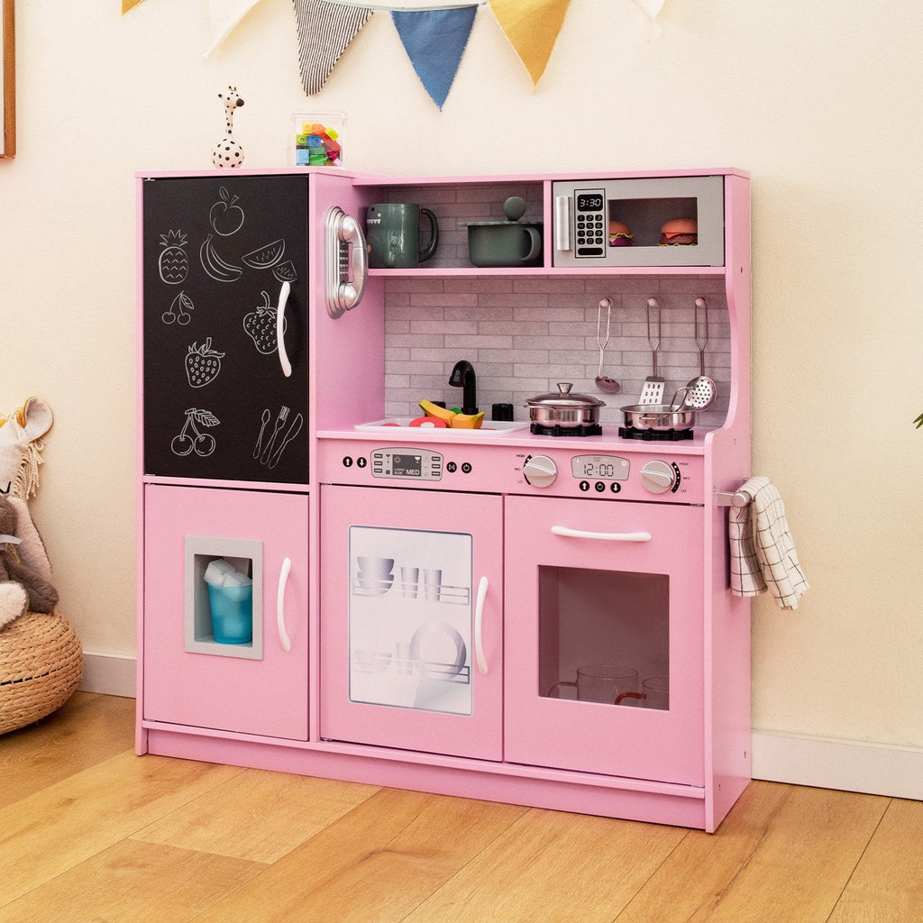 Pink Toddler Play Kitchen with Blackboard, Dishwasher, Ice Maker and Wall Fixing
