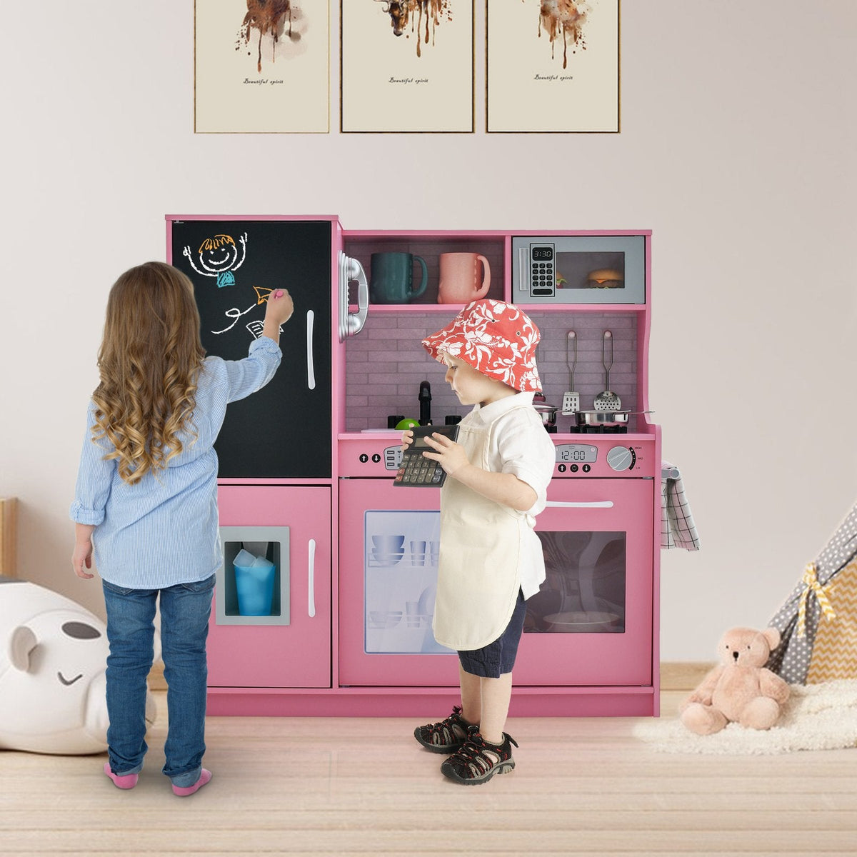 Pink Toddler Play Kitchen with Blackboard, Dishwasher, Ice Maker and Wall Fixing