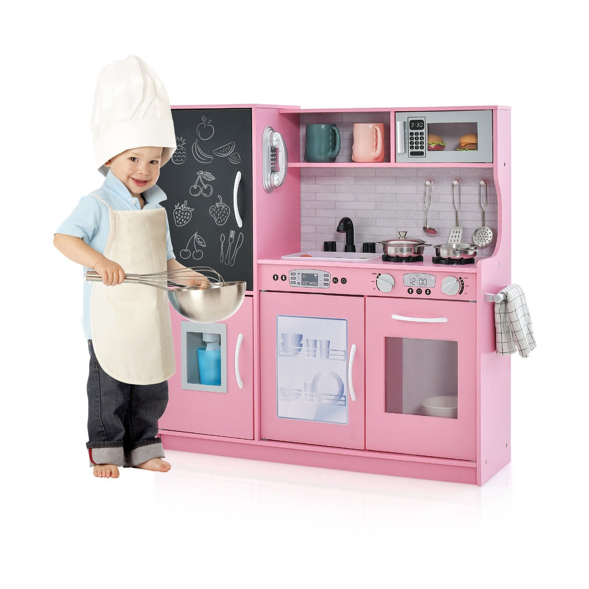 Pink Toddler Play Kitchen with Blackboard, Dishwasher, Ice Maker and Wall Fixing