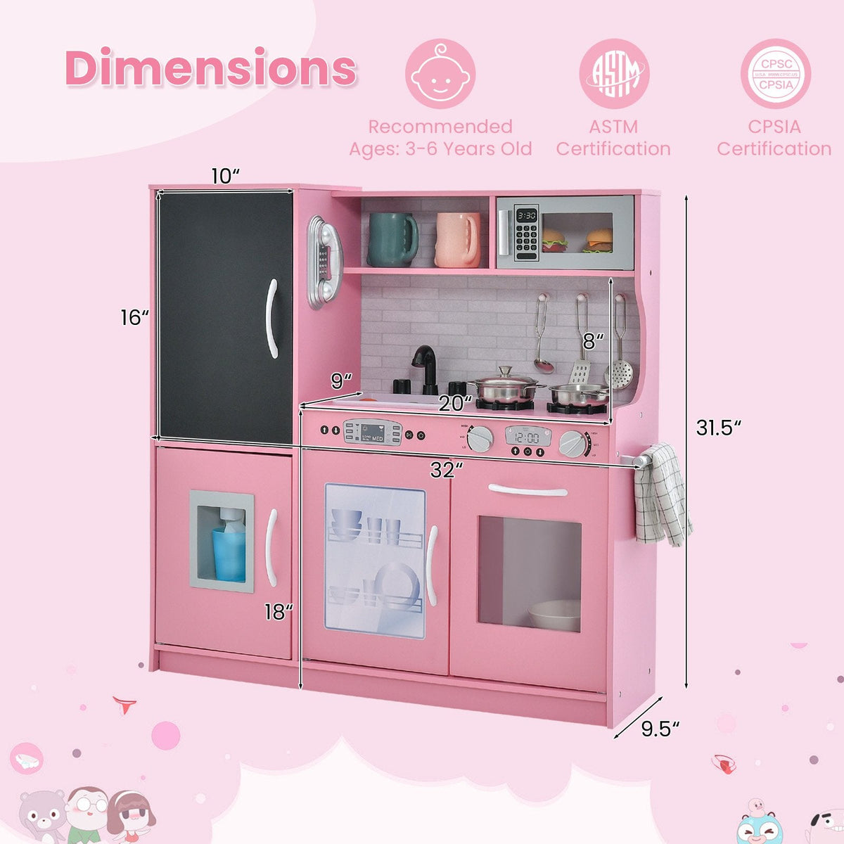 Pink Toddler Play Kitchen with Blackboard, Dishwasher, Ice Maker and Wall Fixing