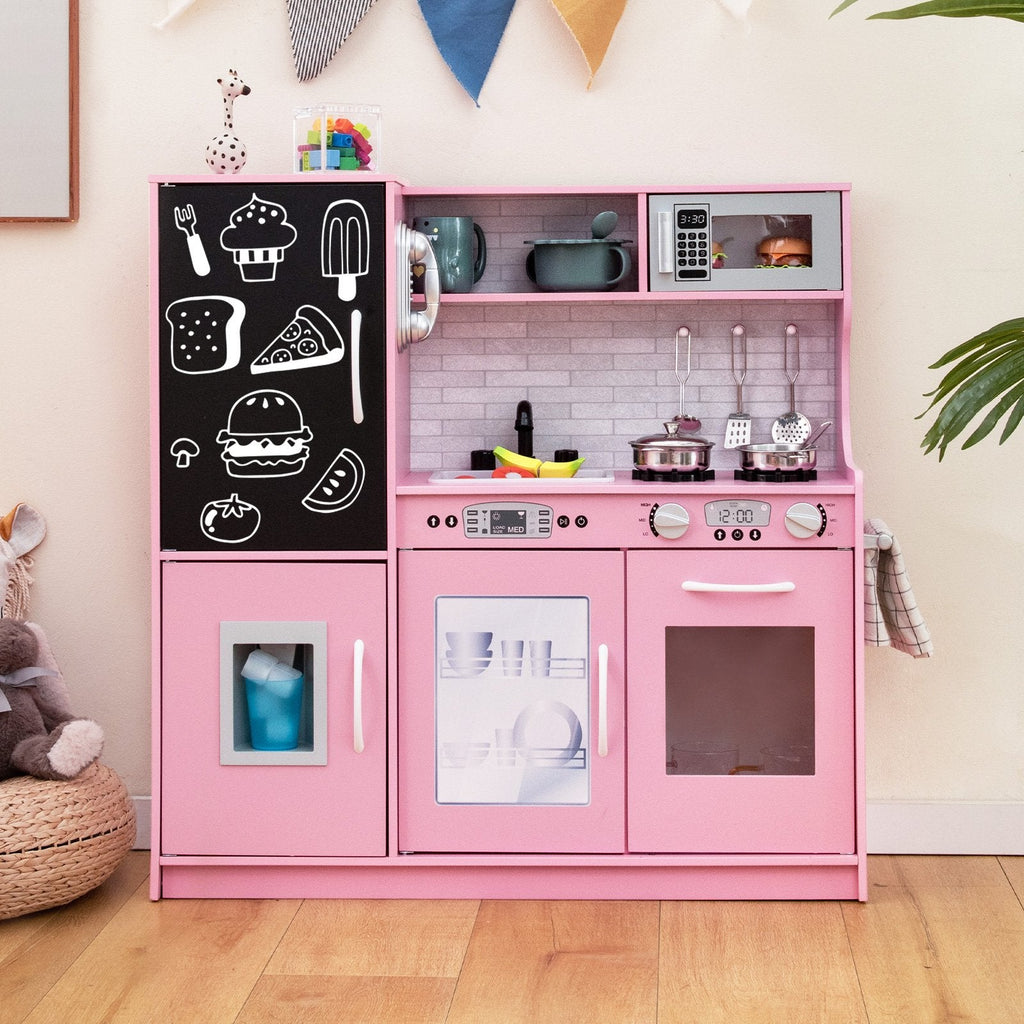 Pink Toddler Play Kitchen with Blackboard, Dishwasher, Ice Maker and Wall Fixing
