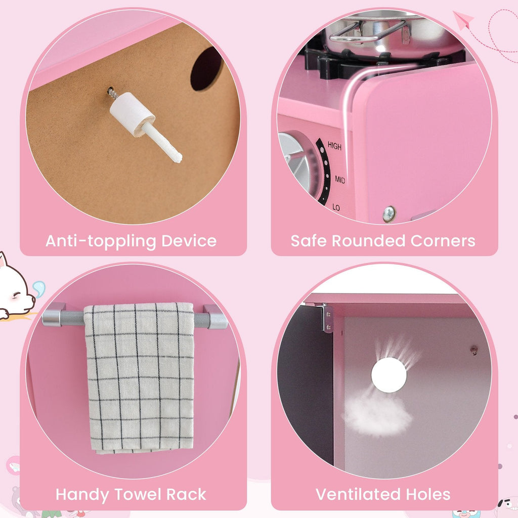 Pink Toddler Play Kitchen with Blackboard, Dishwasher, Ice Maker and Wall Fixing