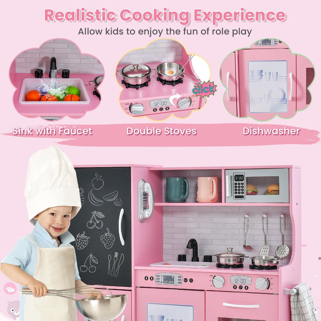 Pink Toddler Play Kitchen with Blackboard, Dishwasher, Ice Maker and Wall Fixing