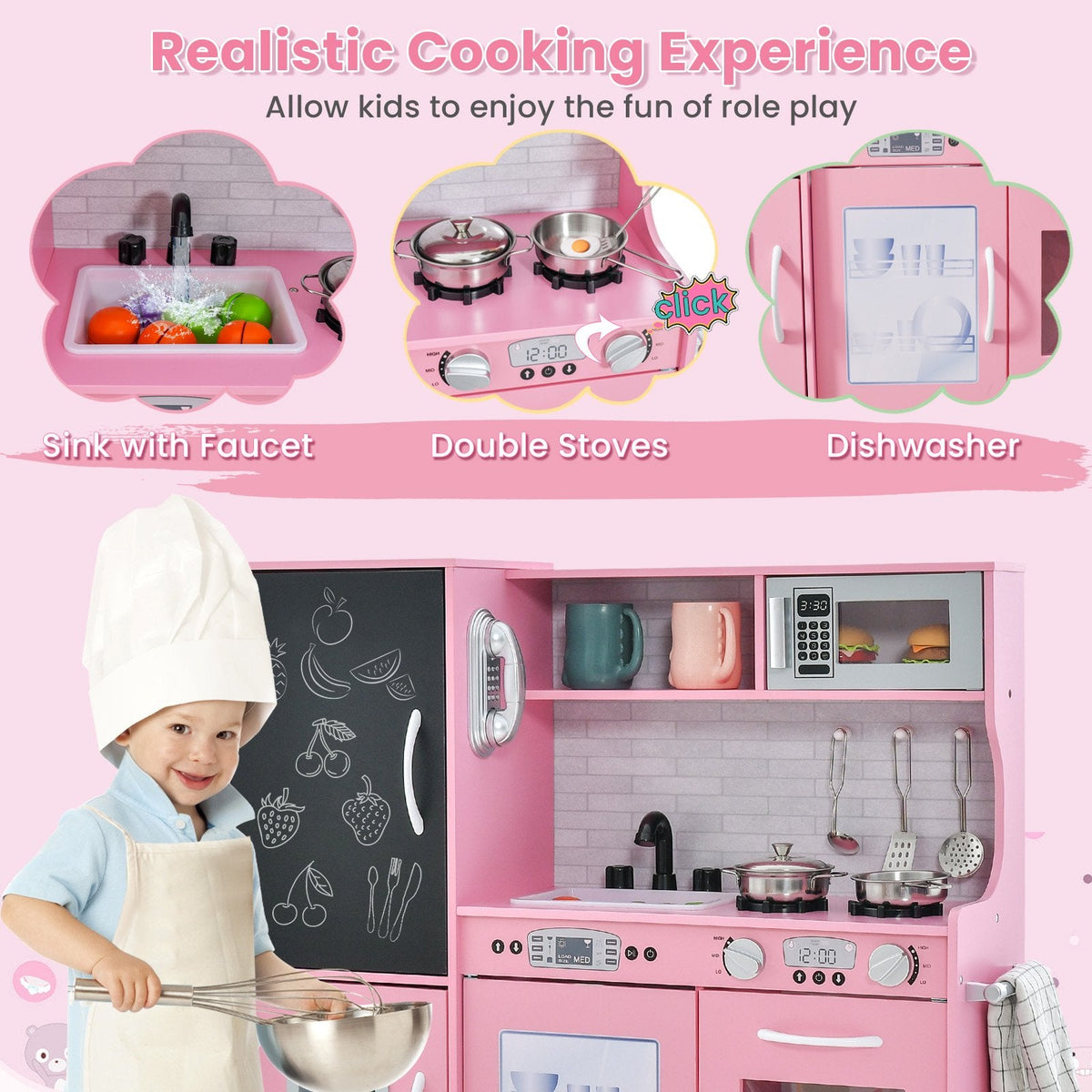 Pink Toddler Play Kitchen with Blackboard, Dishwasher, Ice Maker and Wall Fixing