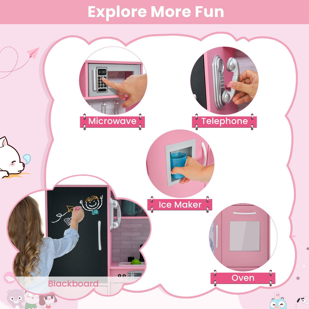 Pink Toddler Play Kitchen with Blackboard, Dishwasher, Ice Maker and Wall Fixing