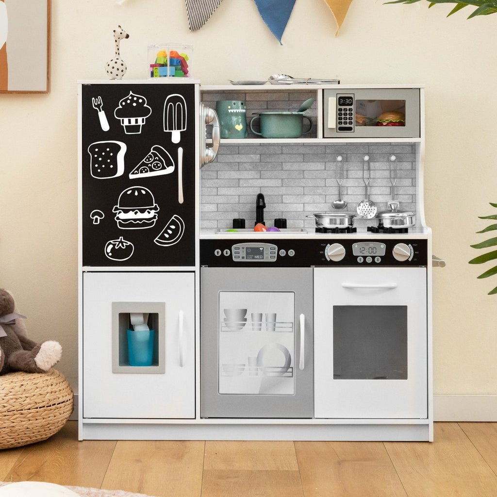 Weiße Spielküche für Kleinkinder mit Kreidetafel, Spülmaschine, Eisbereiter und Wandbefestigung