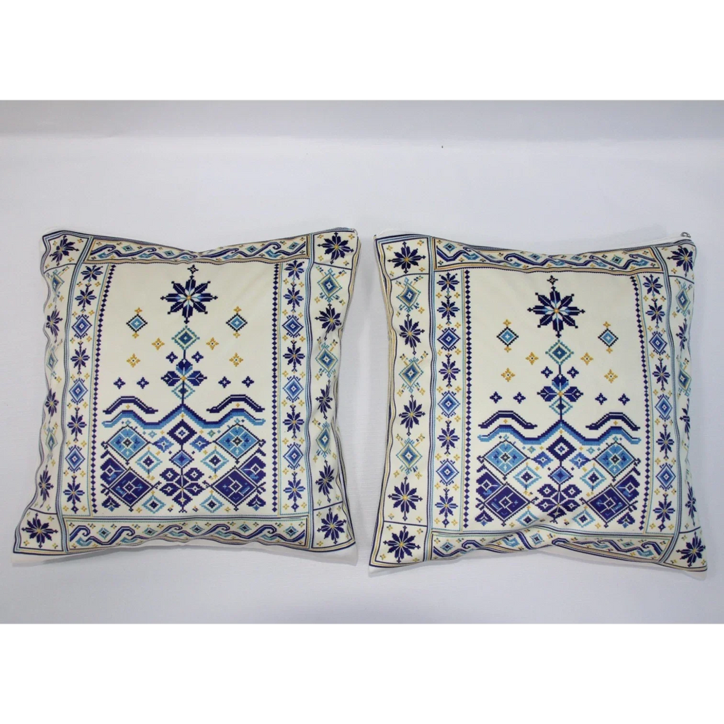 Cushion Cover Set of 2 – Printed Palestinian Tatreez – 18×18 in – Coastal Blue