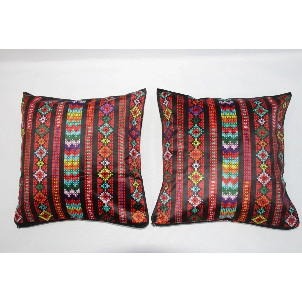 Cushion Cover Set of 2 – Printed Palestinian Tatreez – 18×18 in – Heritage Stripes