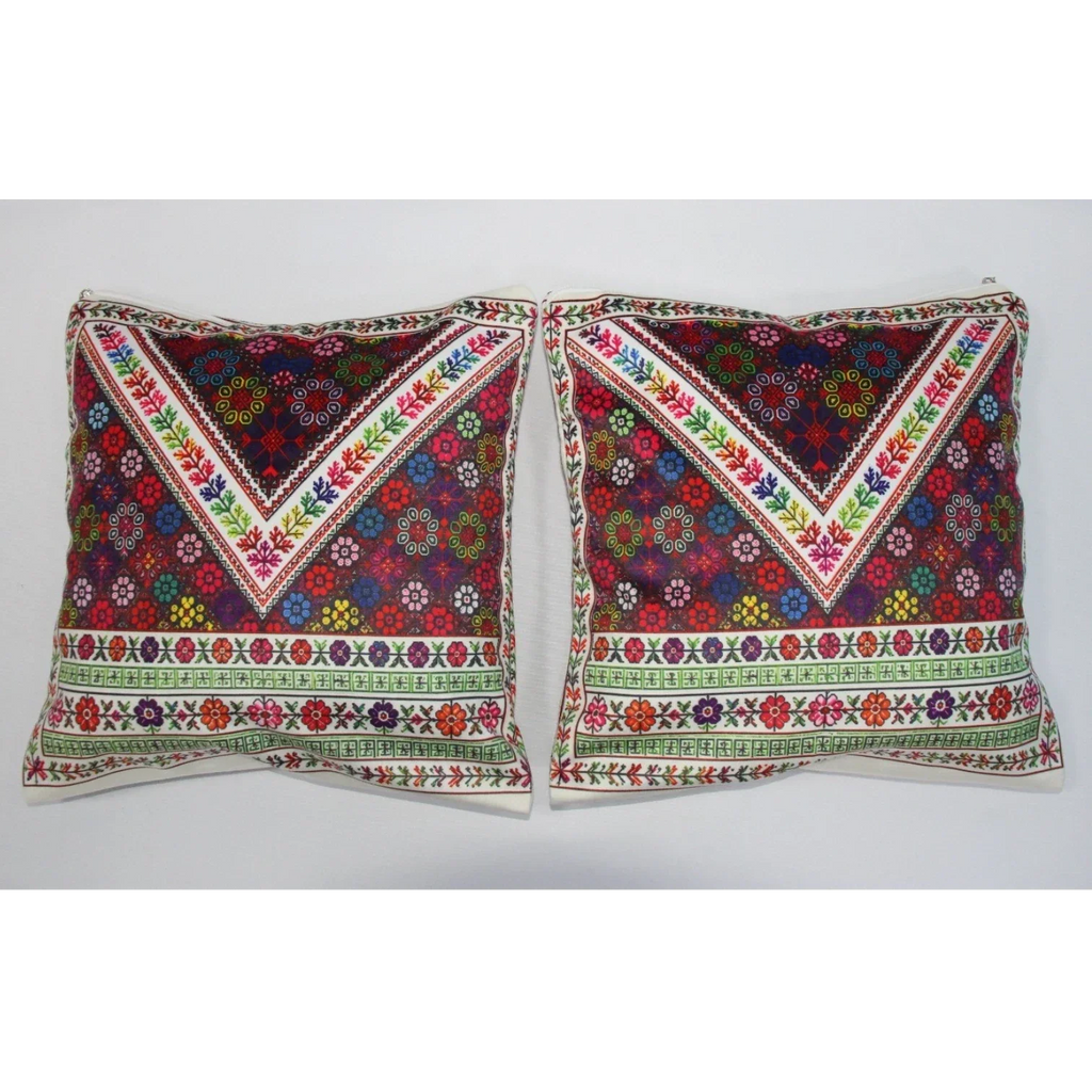 Cushion Cover Set of 2 – Printed Palestinian Tatreez – 18×18 in – Rainbow Blossom