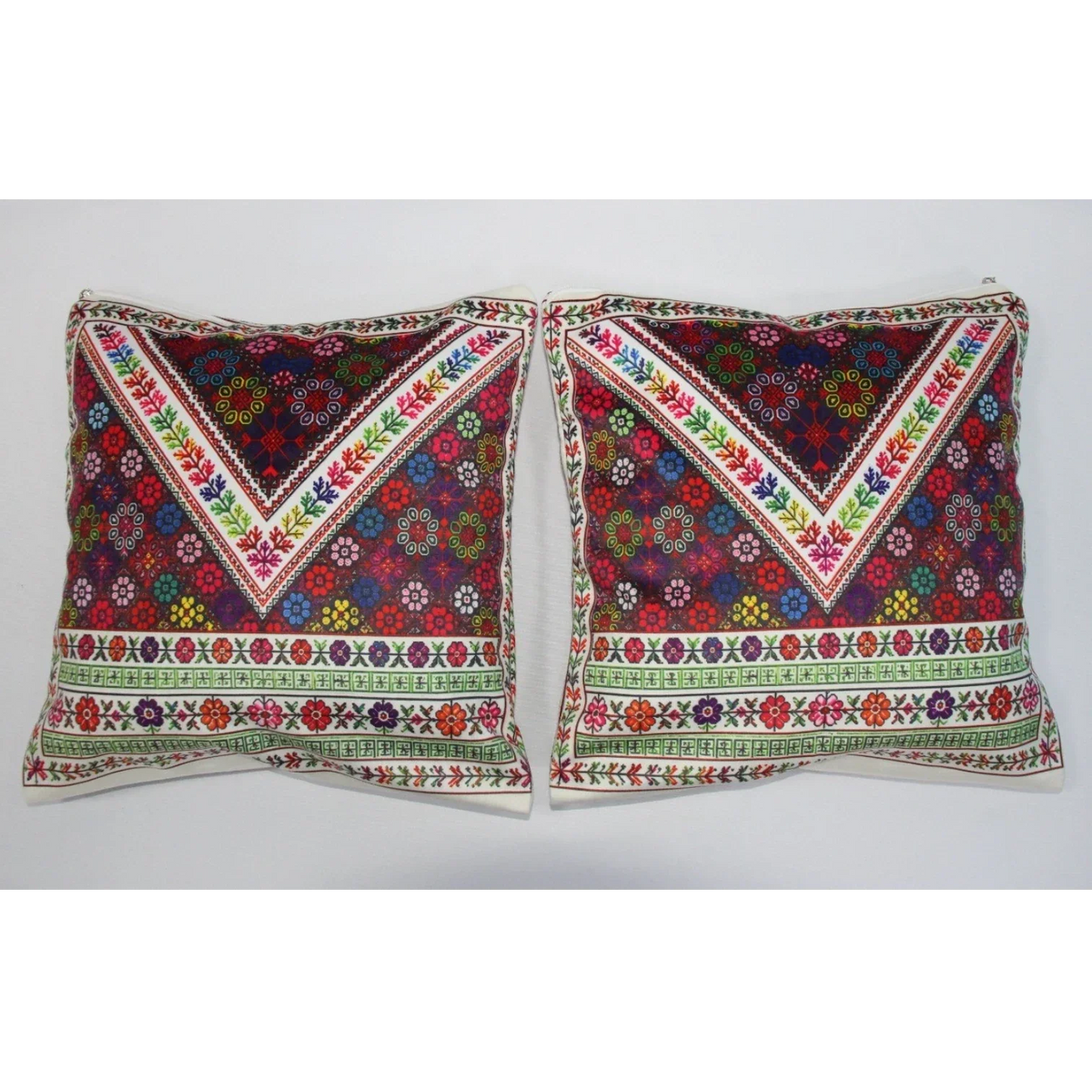 Cushion Cover Set of 2 – Printed Palestinian Tatreez – 18×18 in – Rainbow Blossom