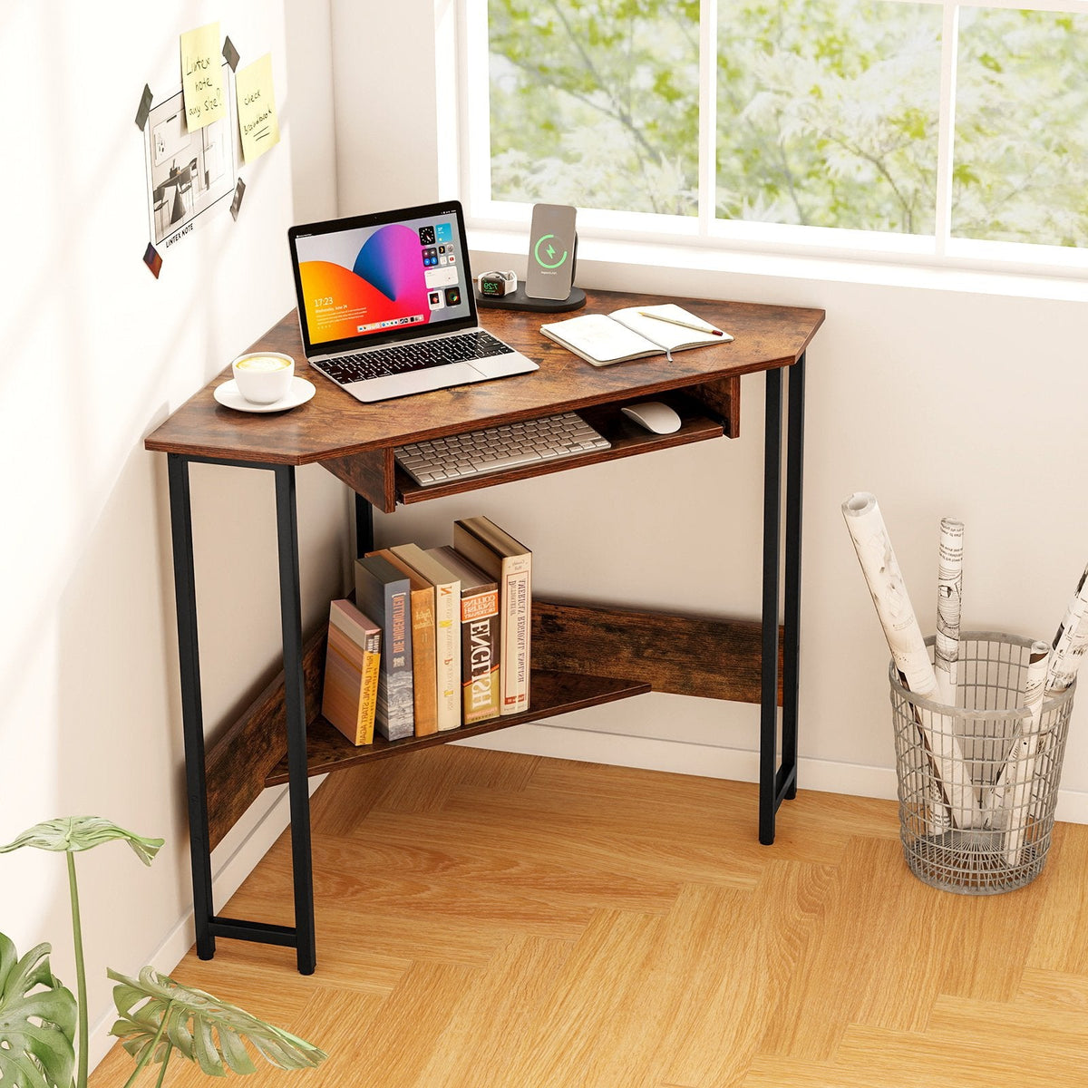 Triangle Corner Desk with Charging Station Keyboard Tray and Storage Shelf-Rustic Brown
