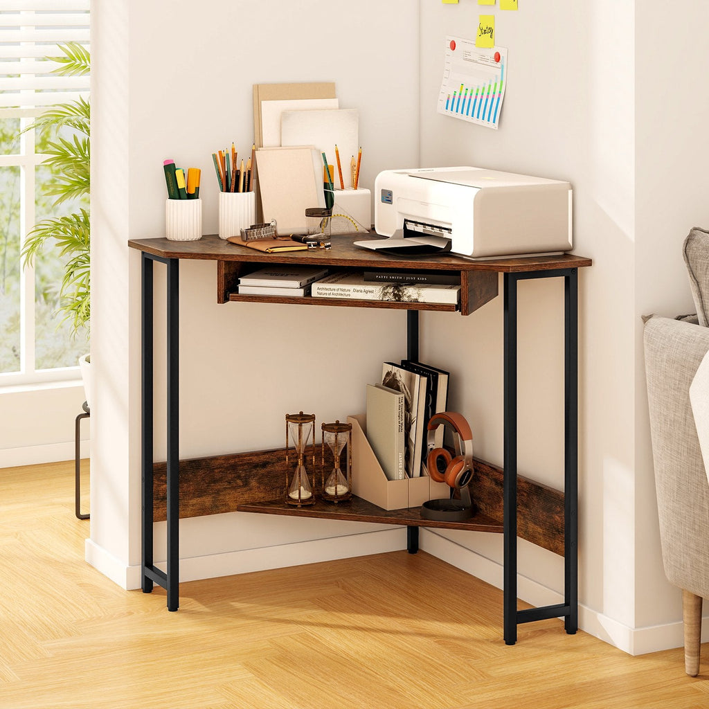 Triangle Corner Desk with Charging Station Keyboard Tray and Storage Shelf-Rustic Brown
