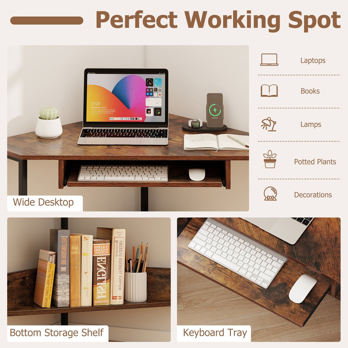 Triangle Corner Desk with Charging Station Keyboard Tray and Storage Shelf-Rustic Brown