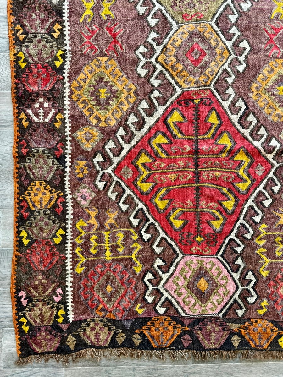 Vintage Turkish Kars Kilim Runner — Plum & Saffron Hooked Medallions | 3'11" × 8'10"
