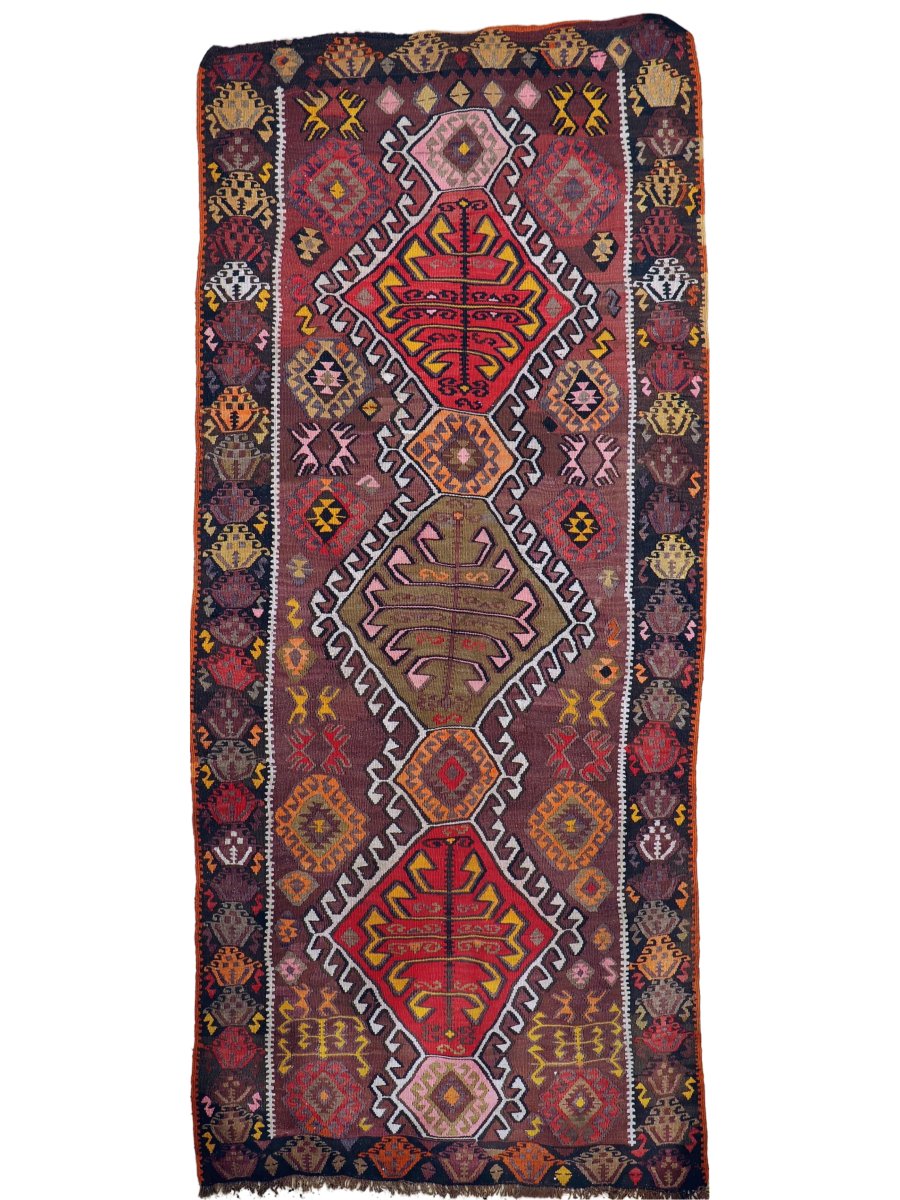 Vintage Turkish Kars Kilim Runner — Plum & Saffron Hooked Medallions | 3'11" × 8'10"