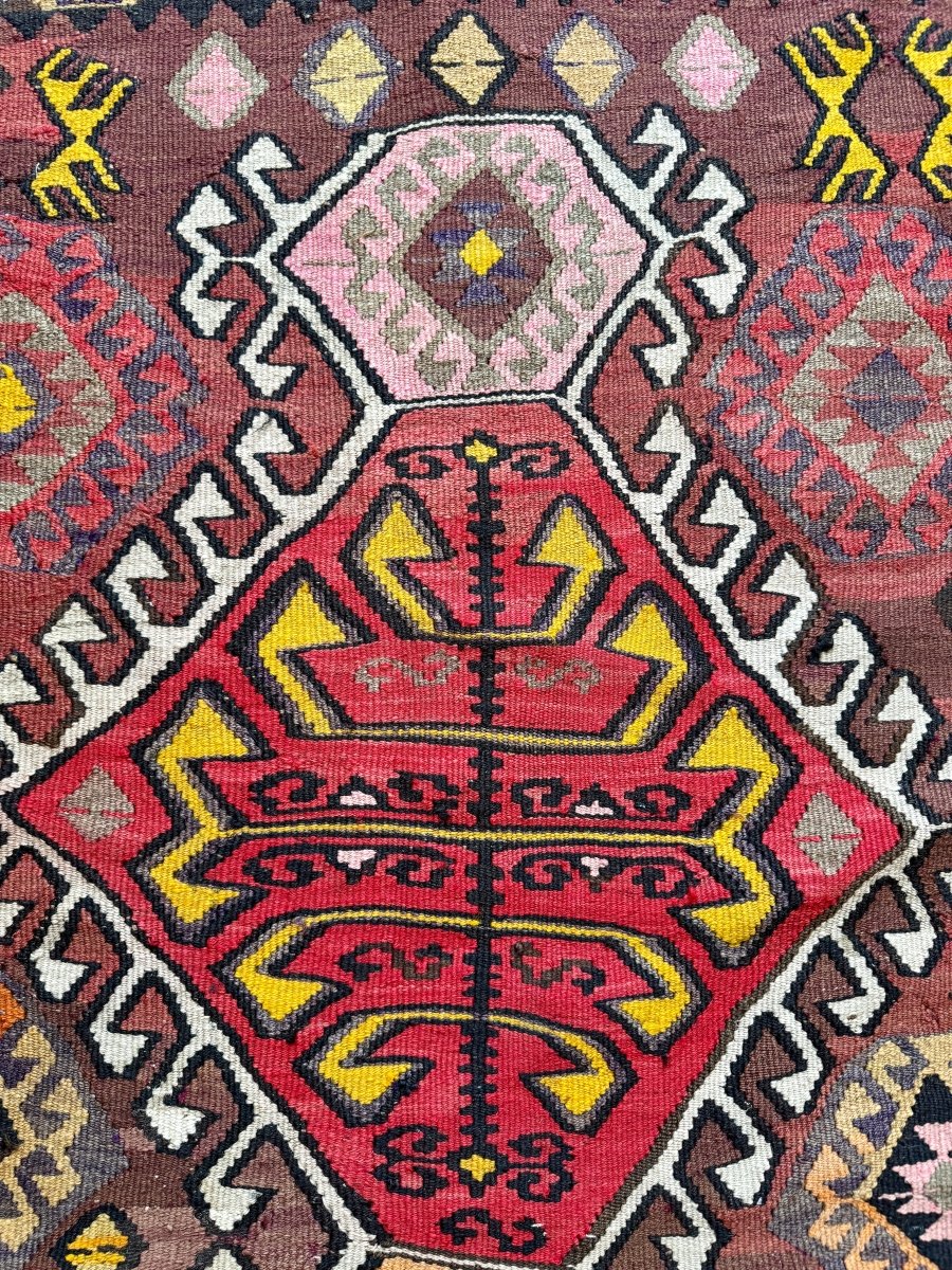 Vintage Turkish Kars Kilim Runner — Plum & Saffron Hooked Medallions | 3'11" × 8'10"