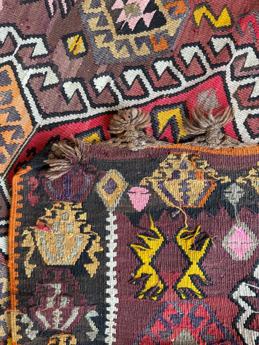 Vintage Turkish Kars Kilim Runner — Plum & Saffron Hooked Medallions | 3'11" × 8'10"