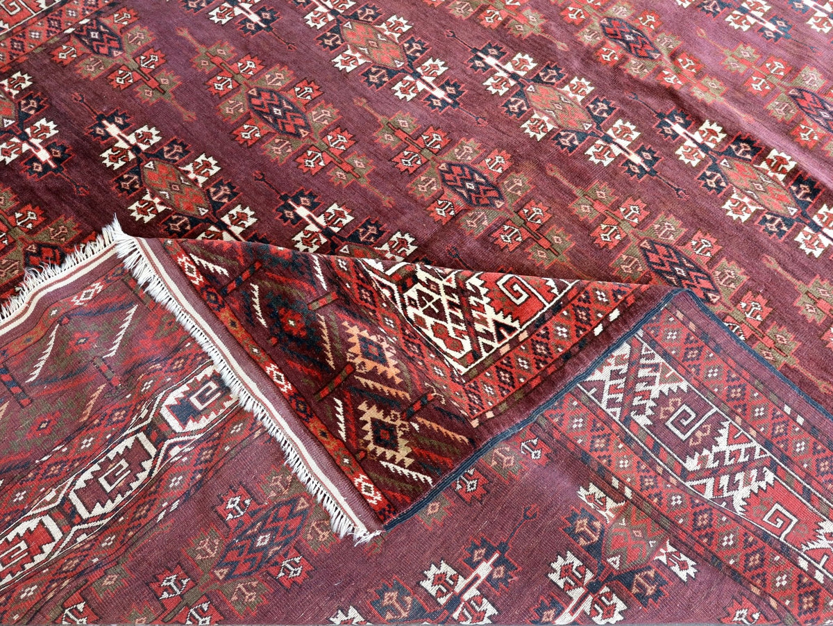 Turkmen Yomut Rug — Wine Red & Ivory Guls | 6'10" × 10'7"