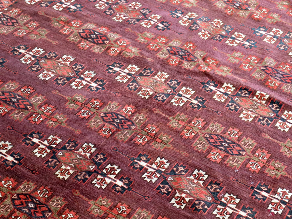 Turkmen Yomut Rug — Wine Red & Ivory Guls | 6'10" × 10'7"