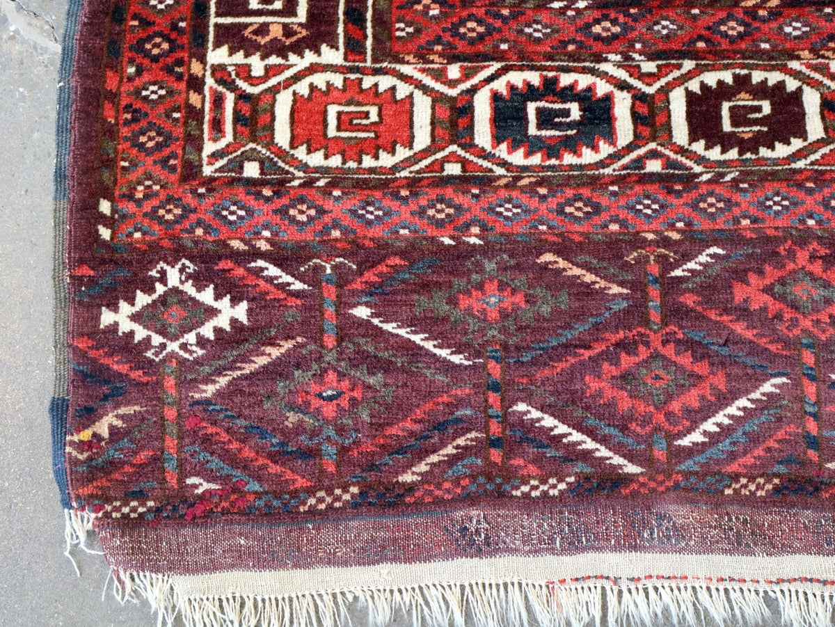 Turkmen Yomut Rug — Wine Red & Ivory Guls | 6'10" × 10'7"