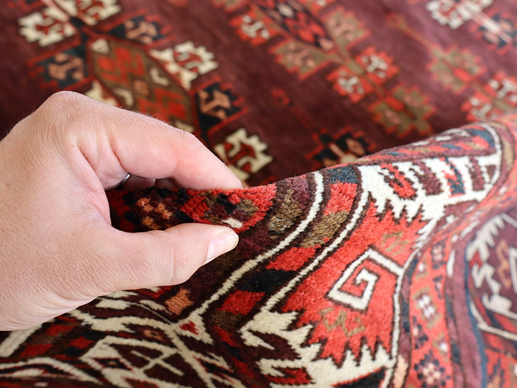Turkmen Yomut Rug — Wine Red & Ivory Guls | 6'10" × 10'7"