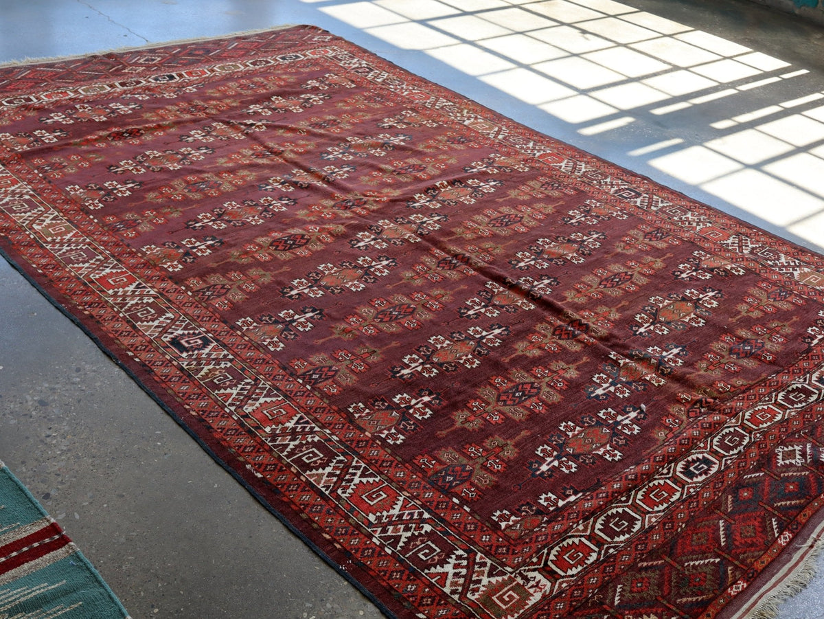 Turkmen Yomut Rug — Wine Red & Ivory Guls | 6'10" × 10'7"