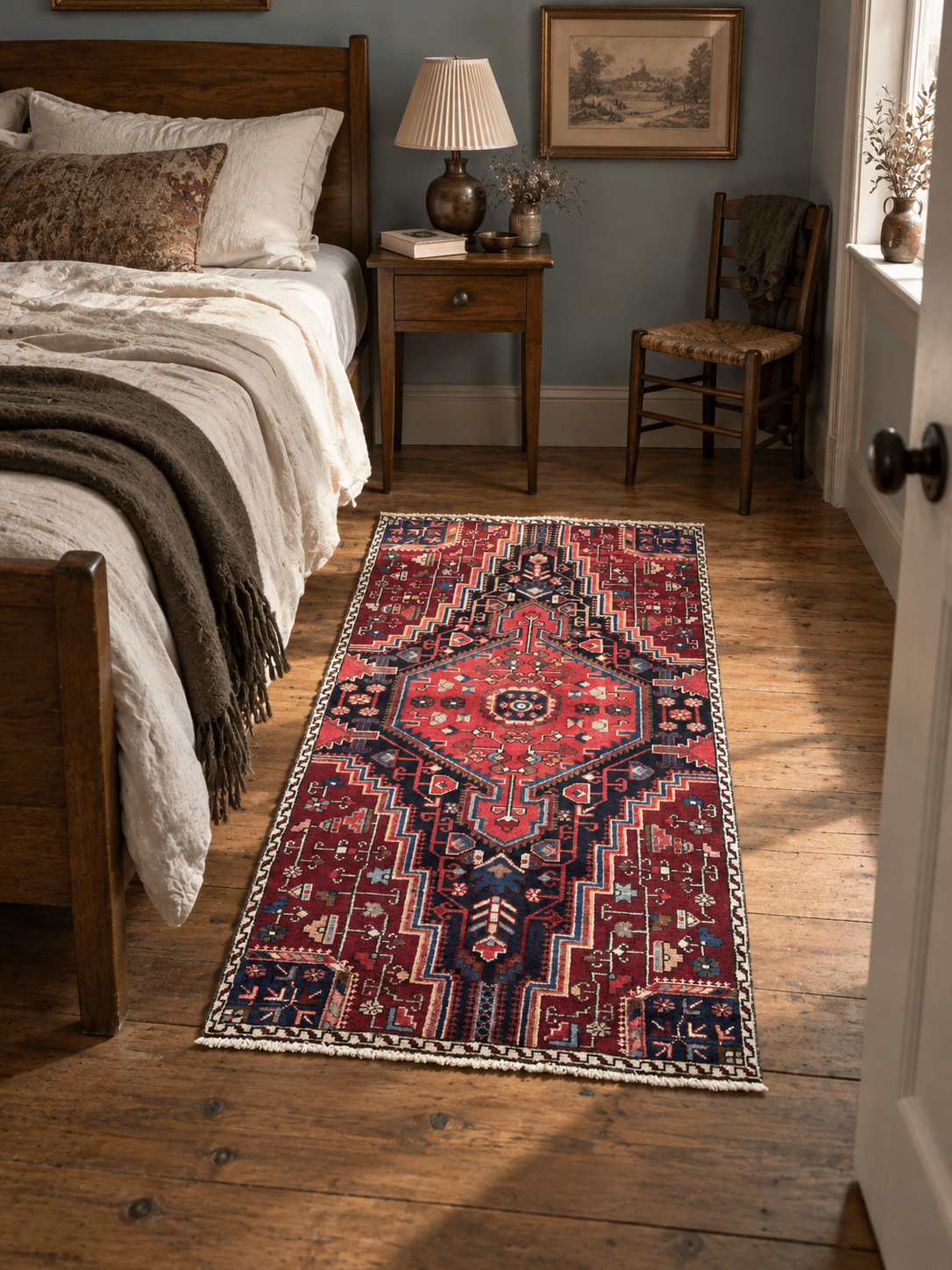 Tuyserkan-Teppich — rubinrotes und indigofarbenes, abgestuftes Medaillon | 2'8" × 5'1"
