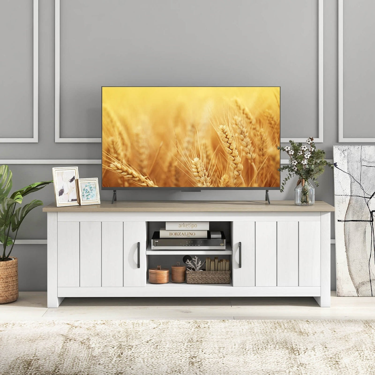 Meuble TV avec 2 armoires et étagères ouvertes pour téléviseurs jusqu'à 65 pouces-Naturel