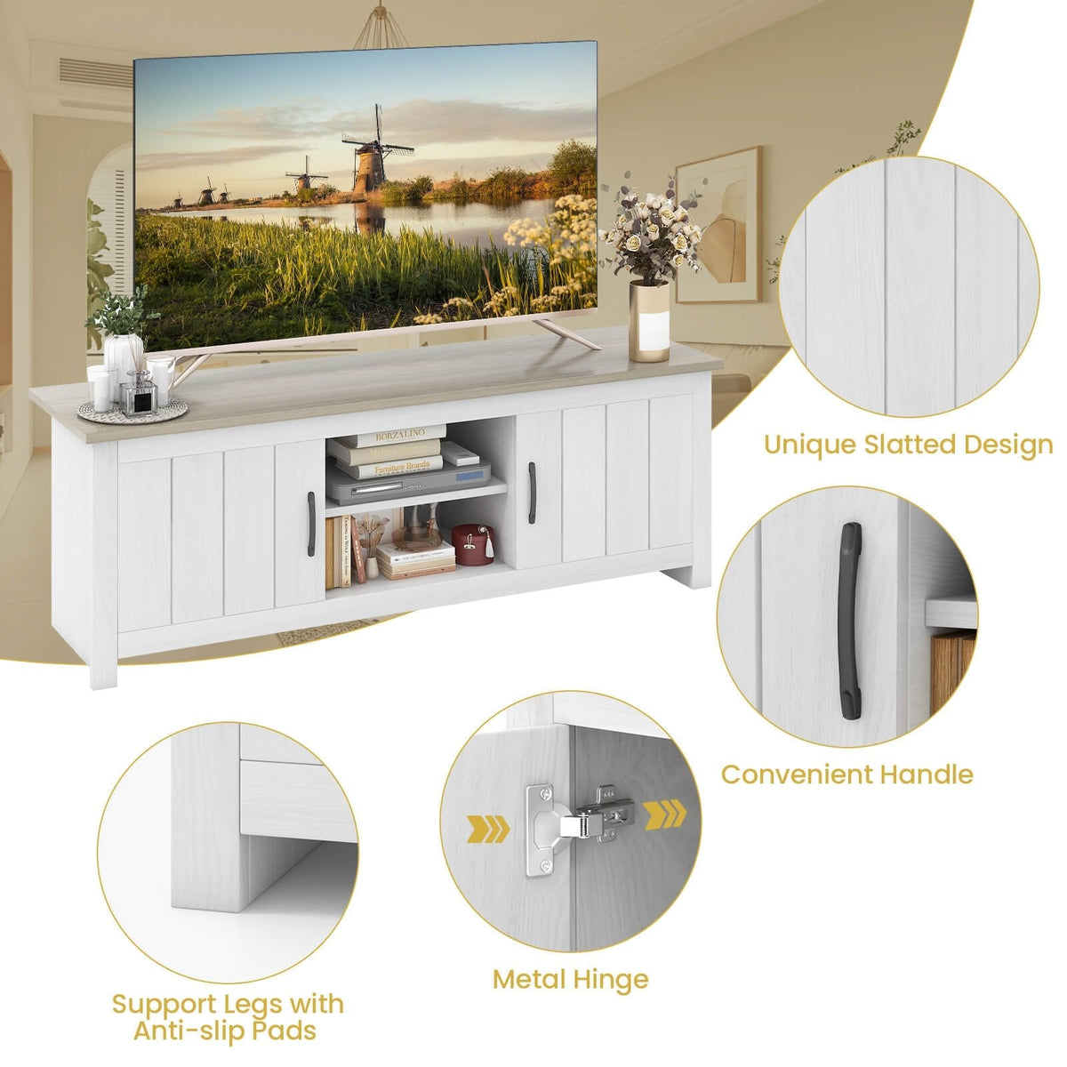 Meuble TV avec 2 armoires et étagères ouvertes pour téléviseurs jusqu'à 65 pouces-Naturel