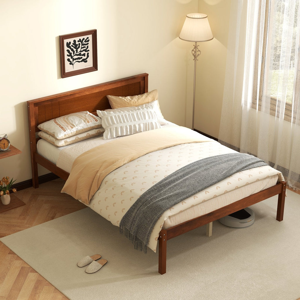 Lit plateforme double en bois avec tête de lit rétro et dégagement de 30 cm, noyer
