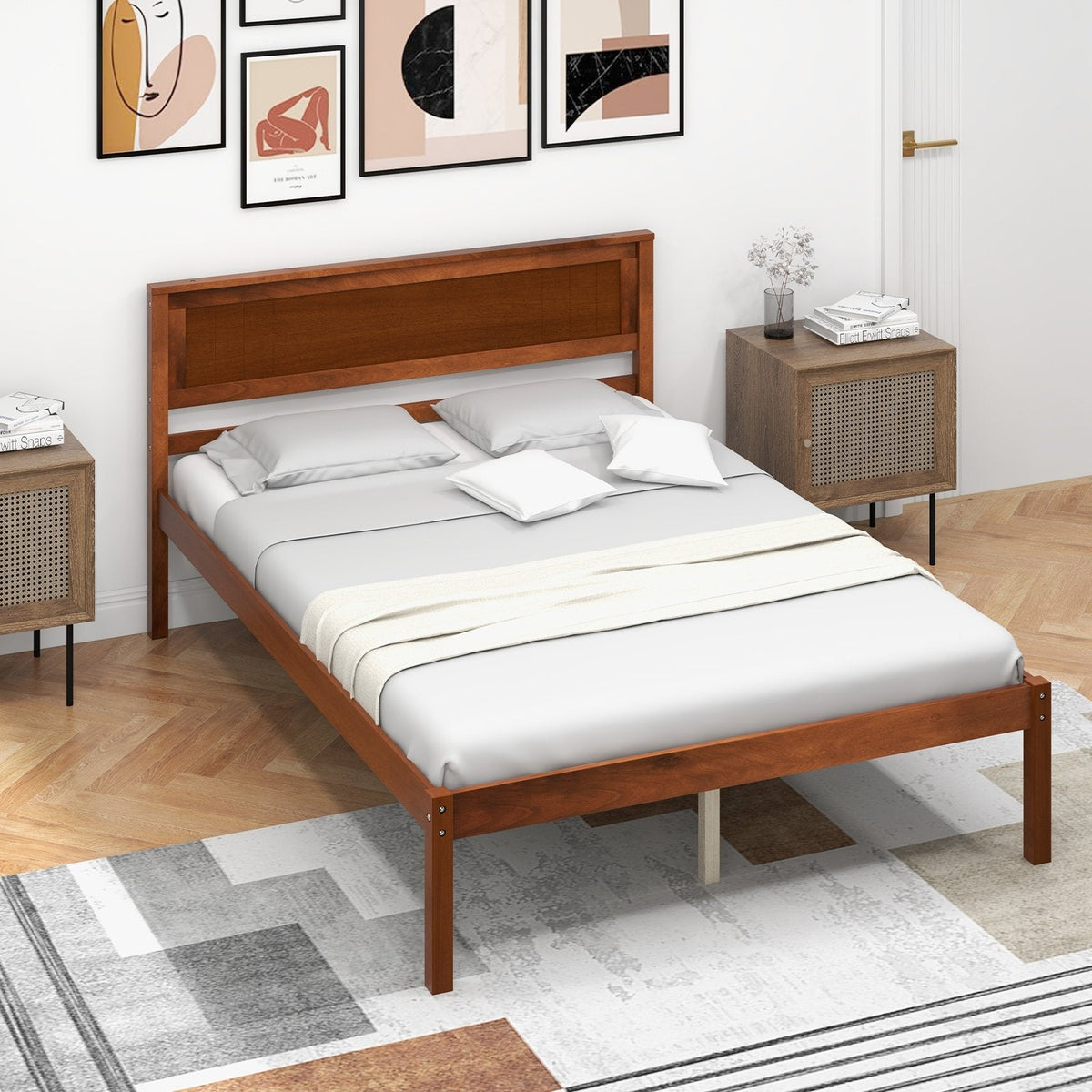 Lit plateforme double en bois avec tête de lit rétro et dégagement de 30 cm, noyer