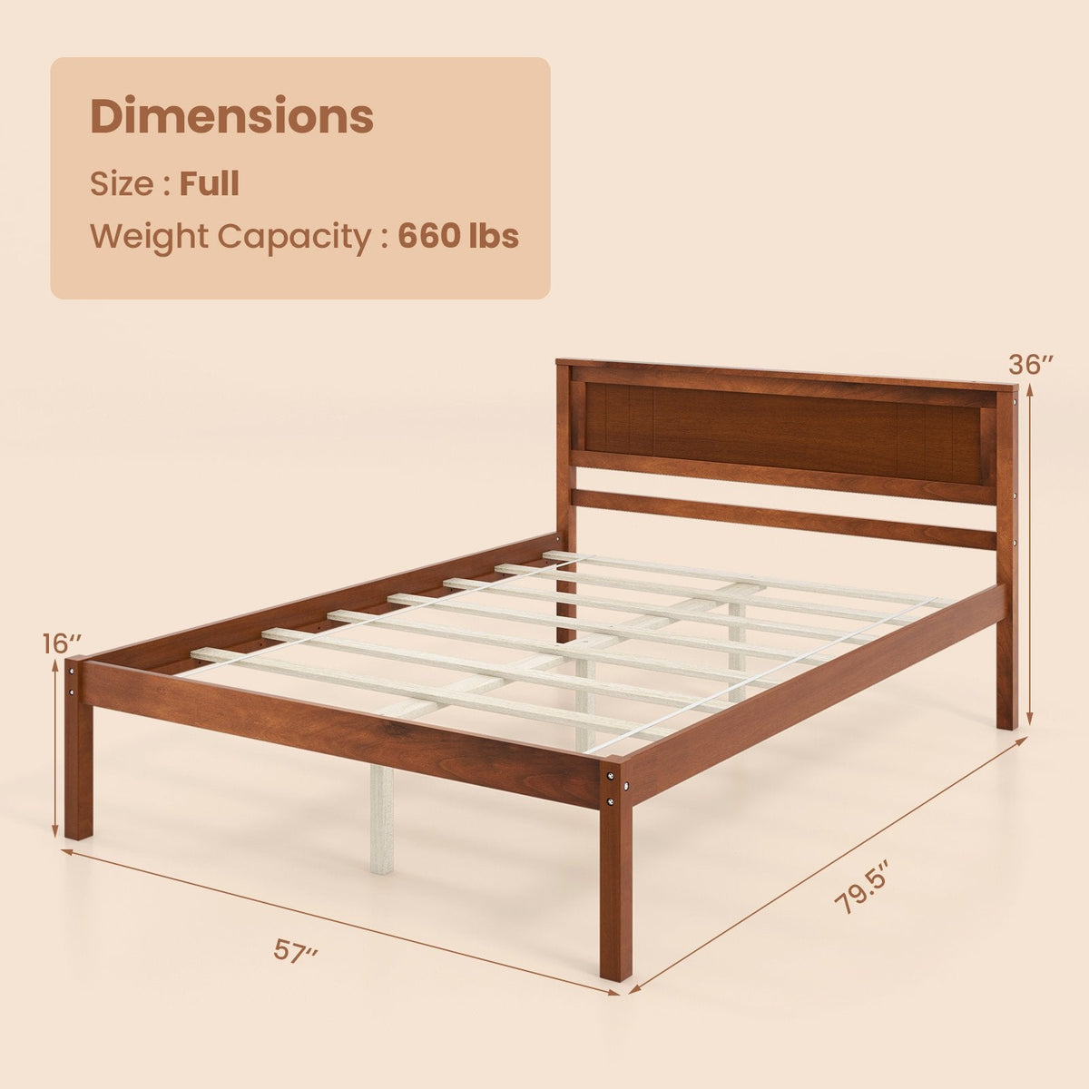 Lit plateforme double en bois avec tête de lit rétro et dégagement de 30 cm, noyer