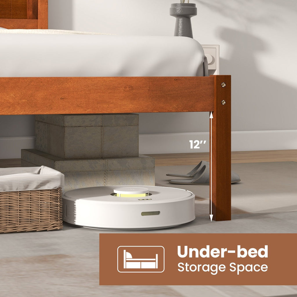 Lit plateforme double en bois avec tête de lit rétro et dégagement de 30 cm, noyer