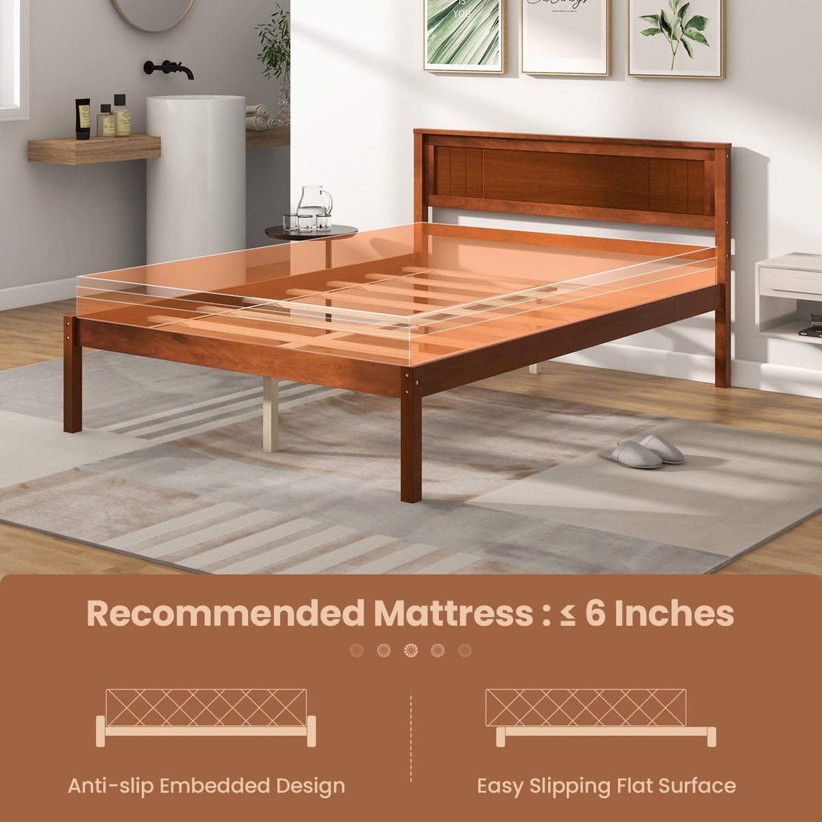 Lit plateforme double en bois avec tête de lit rétro et dégagement de 30 cm, noyer