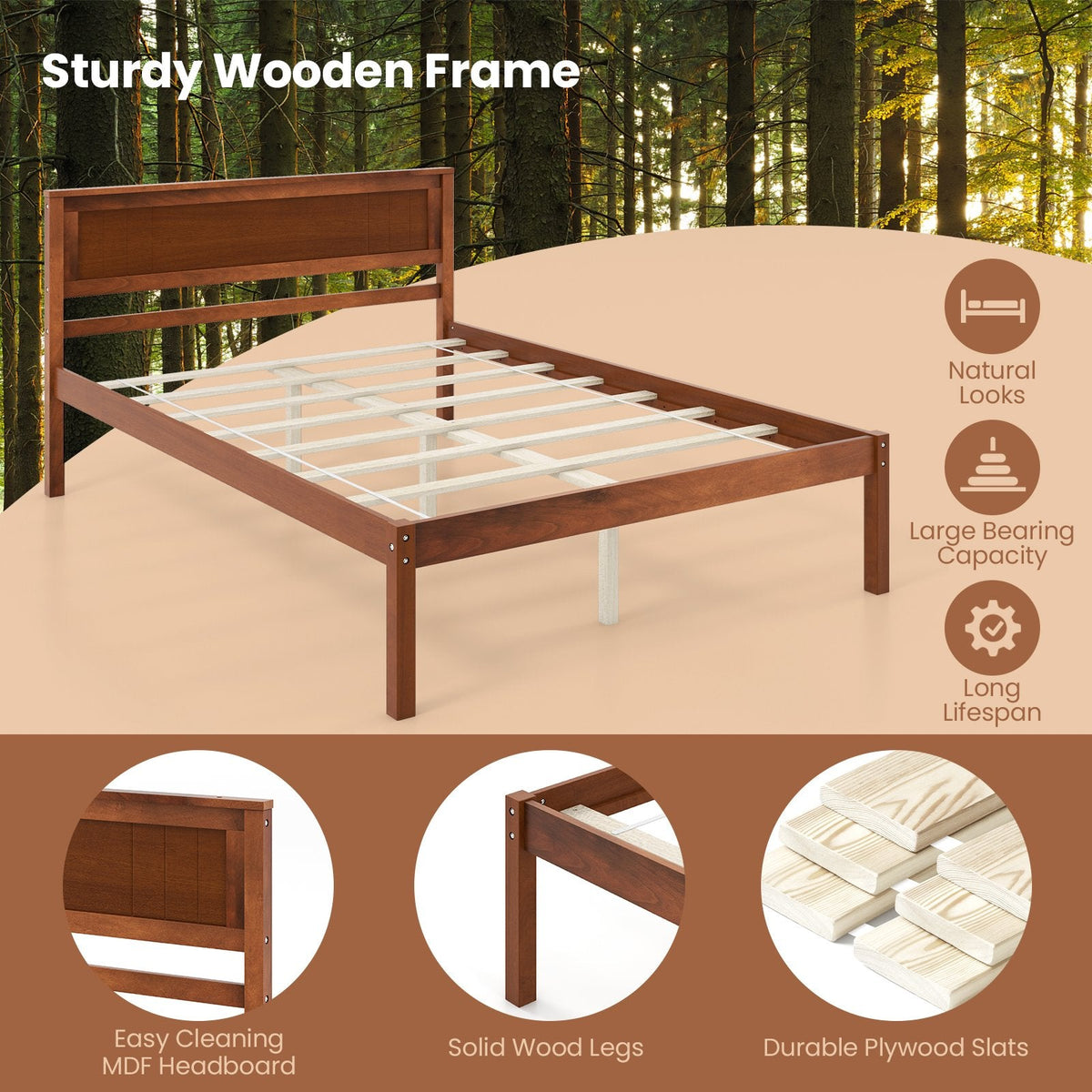 Lit plateforme double en bois avec tête de lit rétro et dégagement de 30 cm, noyer