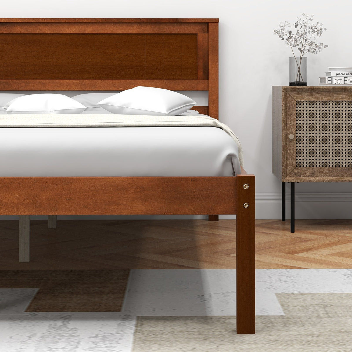 Lit plateforme double en bois avec tête de lit rétro et dégagement de 30 cm, noyer