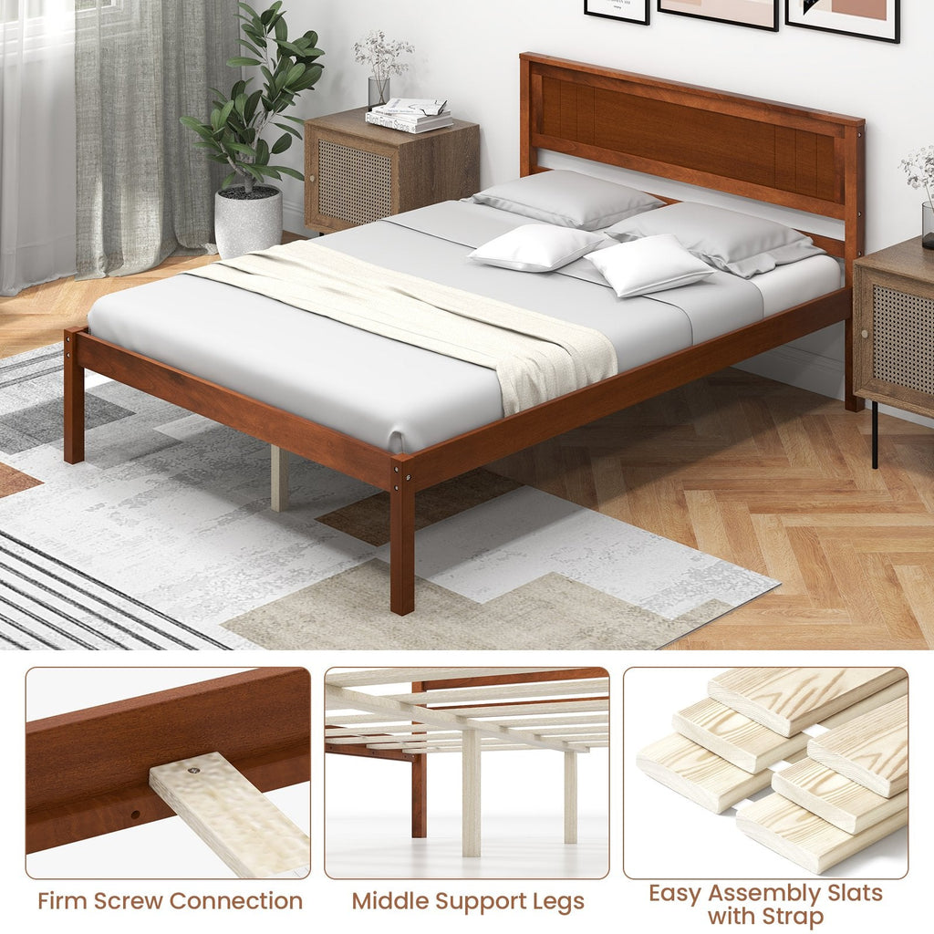 Lit plateforme double en bois avec tête de lit rétro et dégagement de 30 cm, noyer