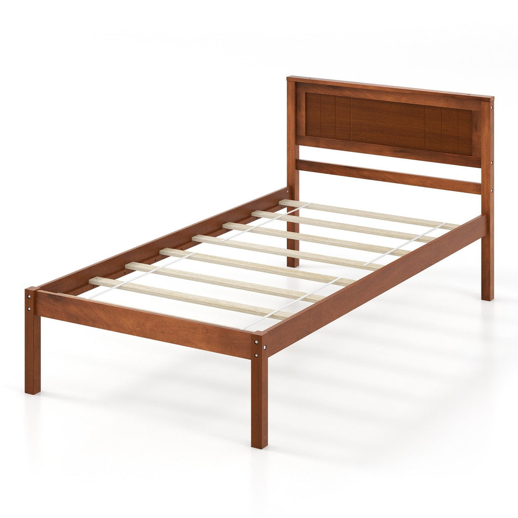 Cama de plataforma individual de madera con cabecero retro y 30,5 cm de espacio libre inferior, nogal