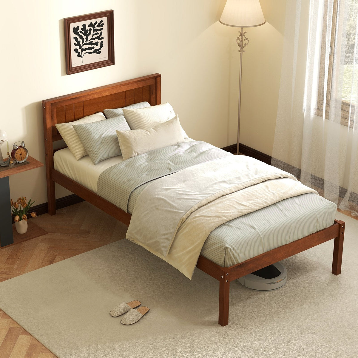 Cama de plataforma individual de madera con cabecero retro y 30,5 cm de espacio libre inferior, nogal