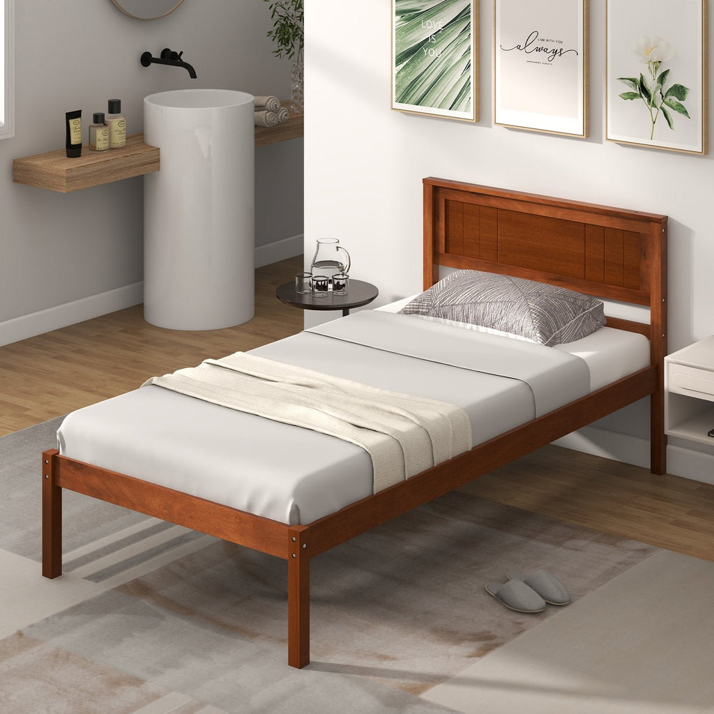 Cama de plataforma individual de madera con cabecero retro y 30,5 cm de espacio libre inferior, nogal