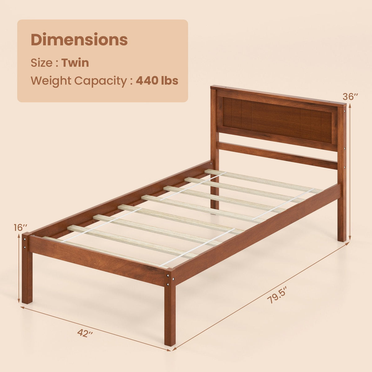 Cama de plataforma individual de madera con cabecero retro y 30,5 cm de espacio libre inferior, nogal