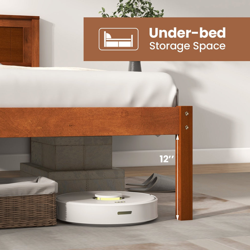 Cama de plataforma individual de madera con cabecero retro y 30,5 cm de espacio libre inferior, nogal