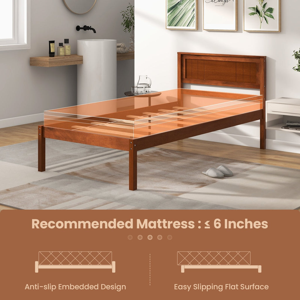 Cama de plataforma individual de madera con cabecero retro y 30,5 cm de espacio libre inferior, nogal